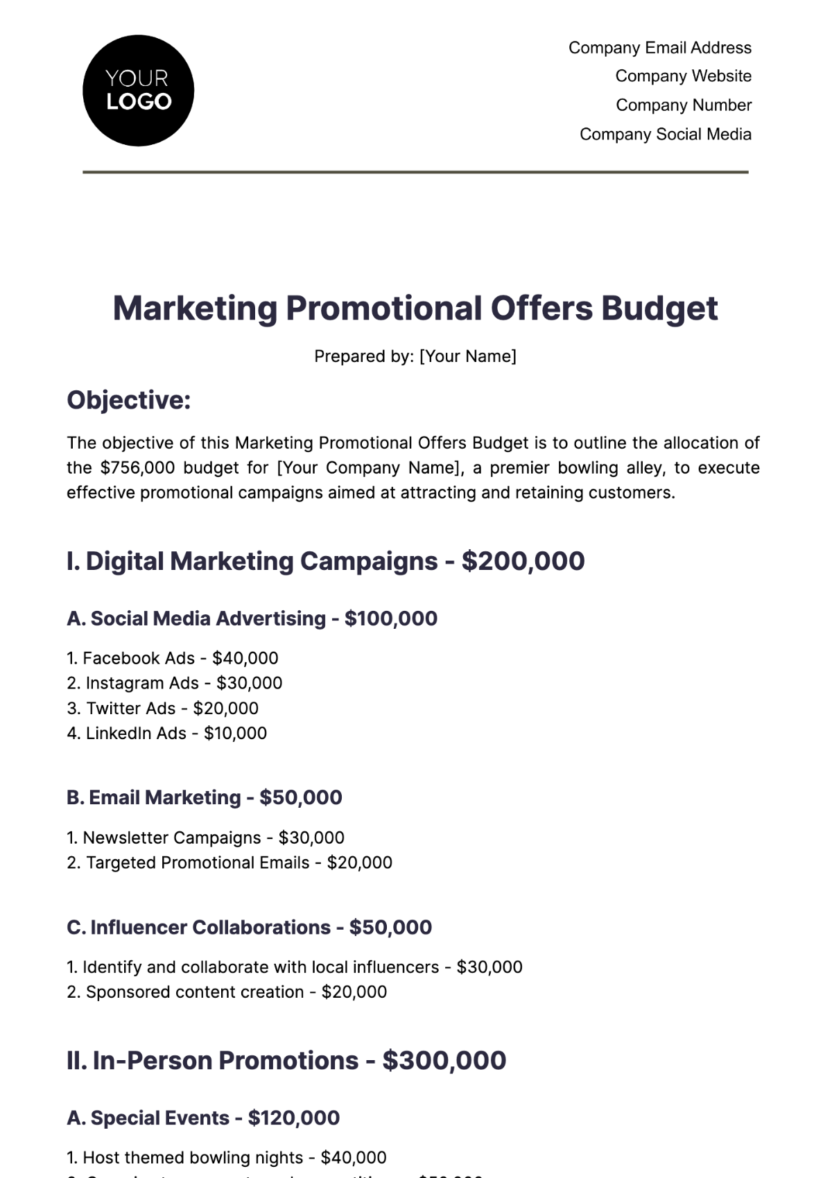 Marketing Promotional Offers Budget Template - Edit Online & Download