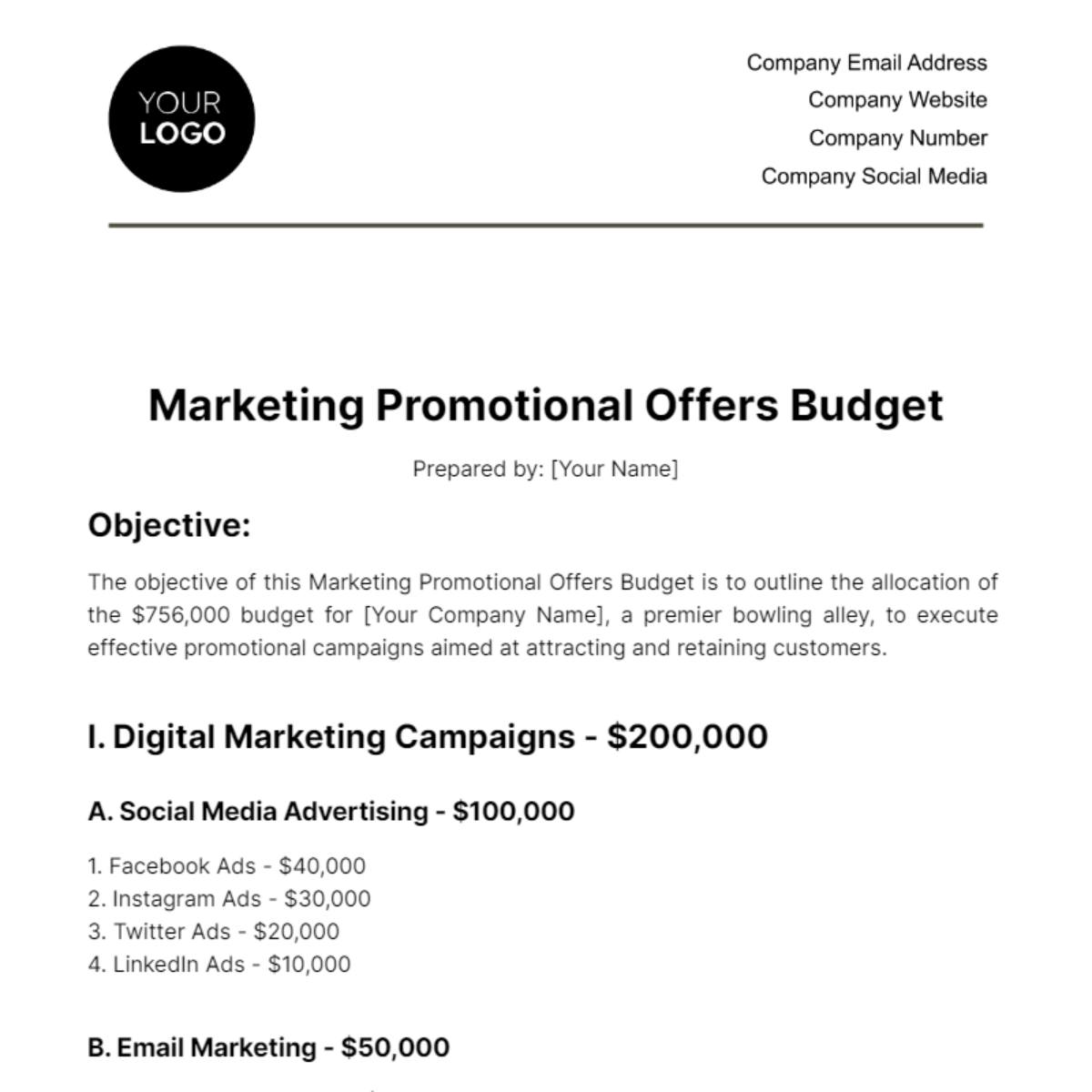 Marketing Promotional Offers Budget Template
