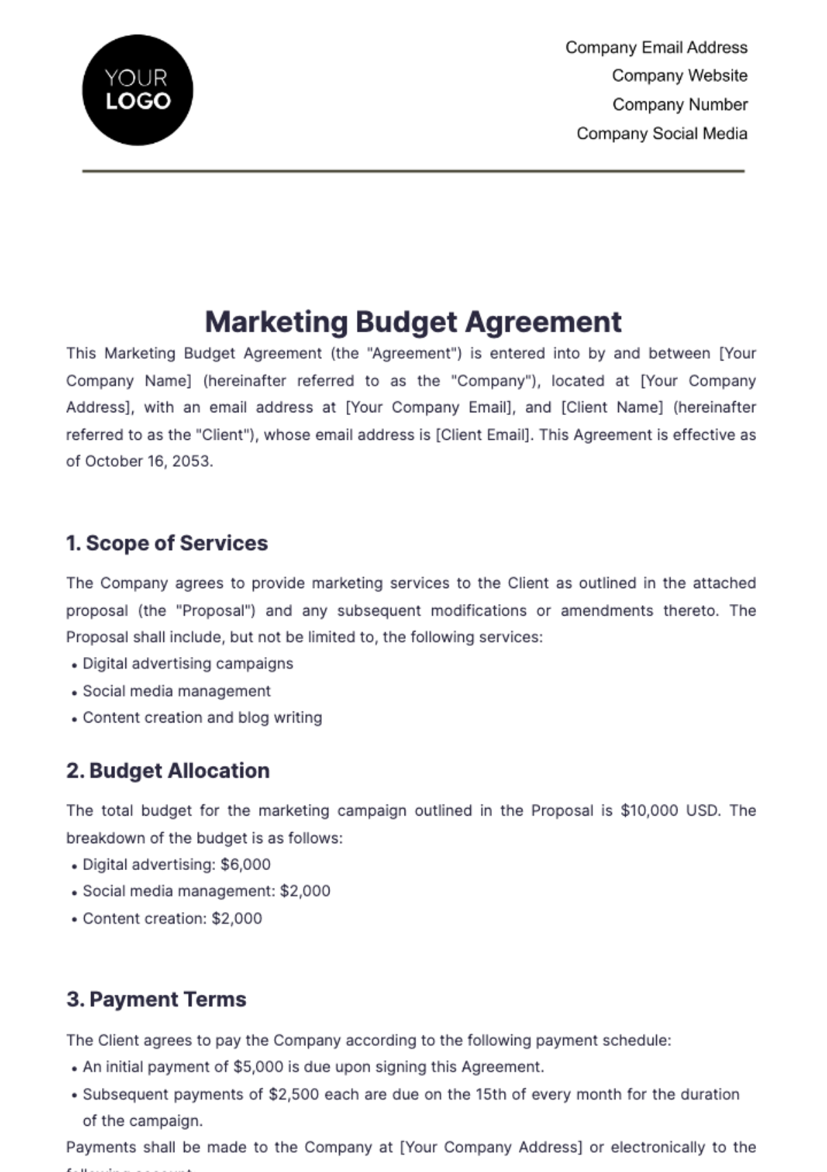 Marketing Budget Agreement Template - Edit Online & Download