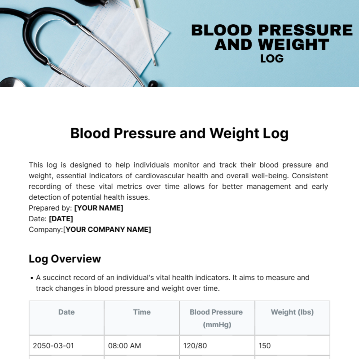 Blood Pressure and Weight Log Template