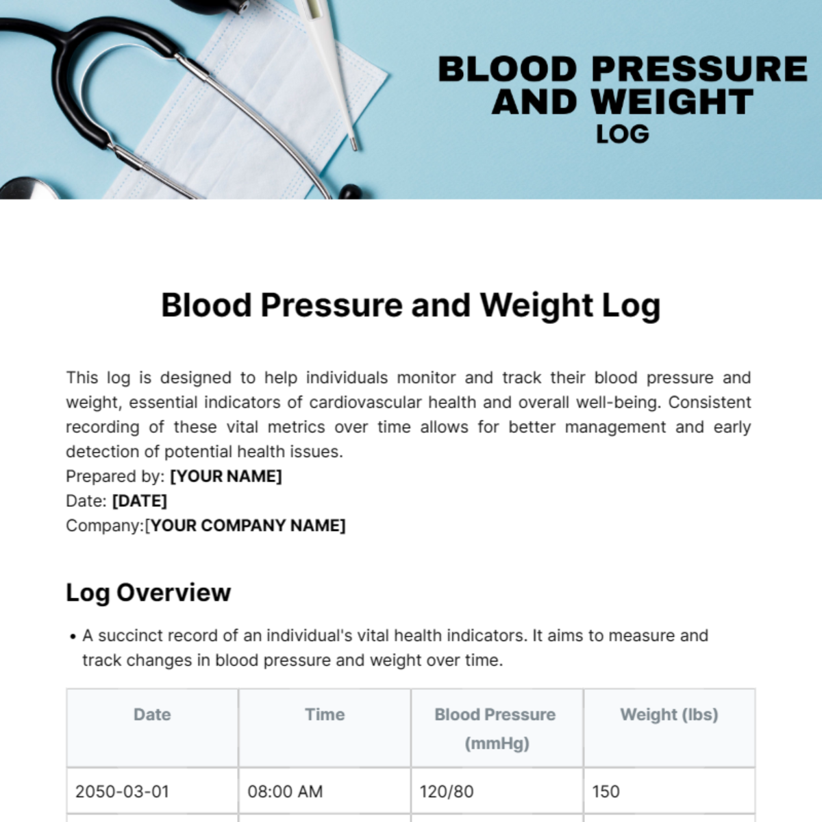 Blood Pressure and Weight Log Template - Edit Online & Download