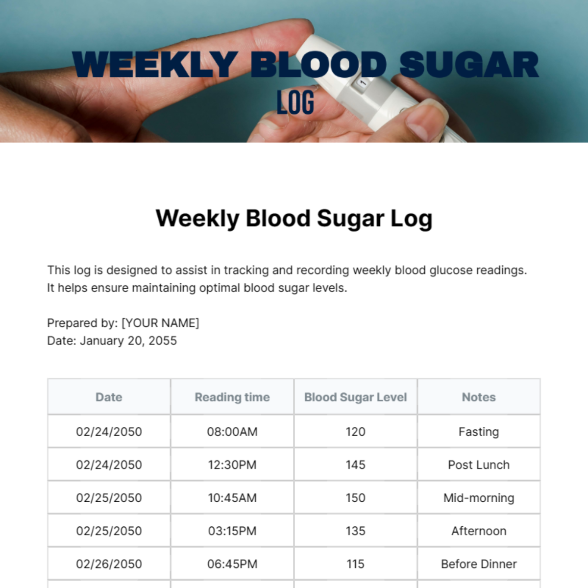 Weekly Blood Sugar Log Template