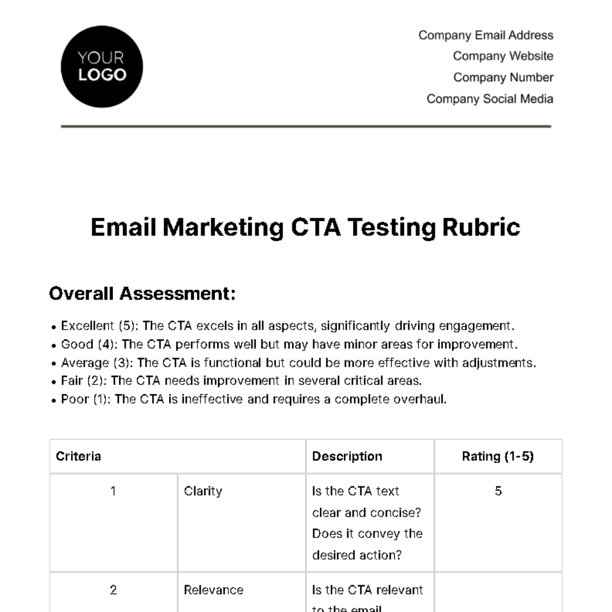 Free Email Marketing CTA Testing Rubric Template