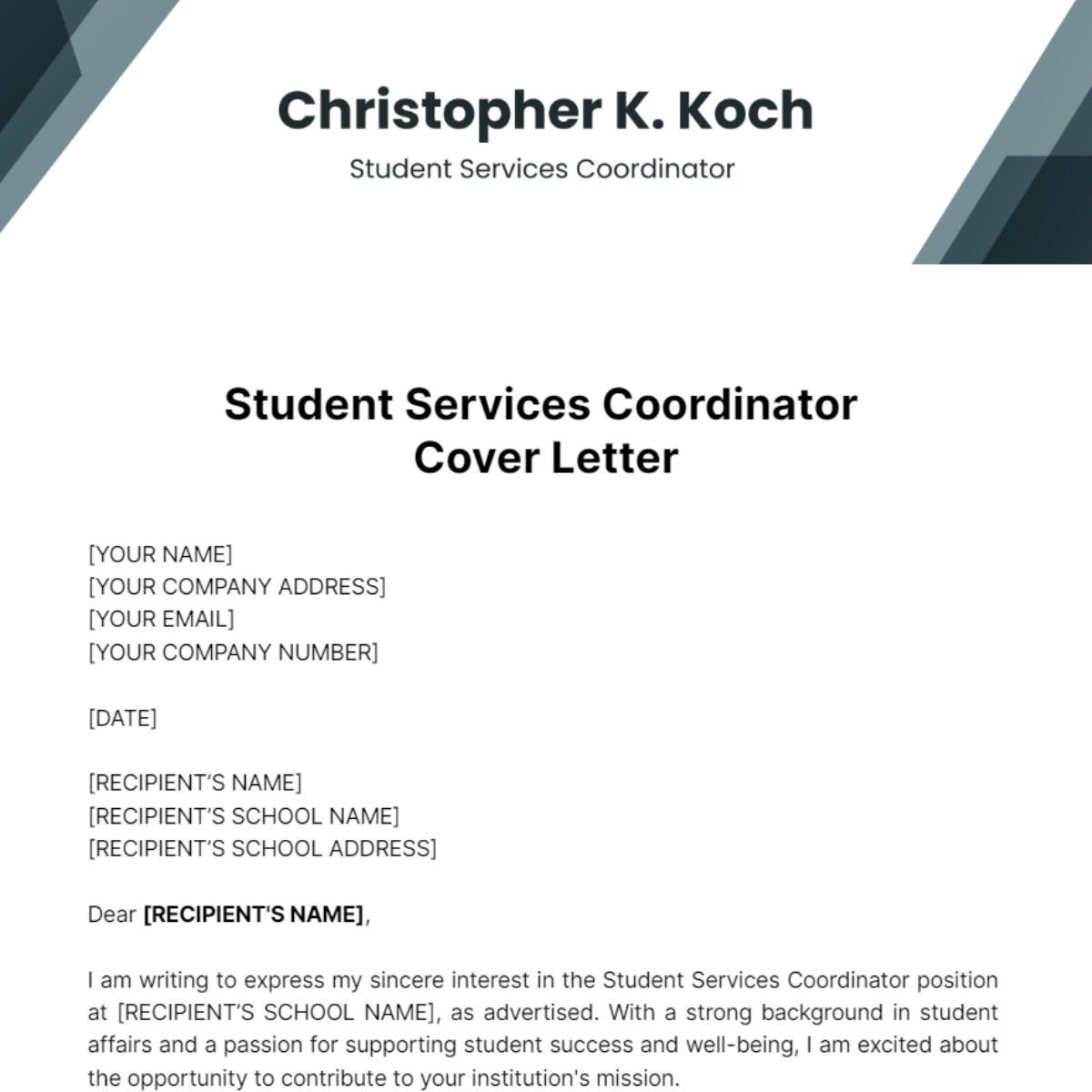 Student Services Coordinator Cover Letter Template