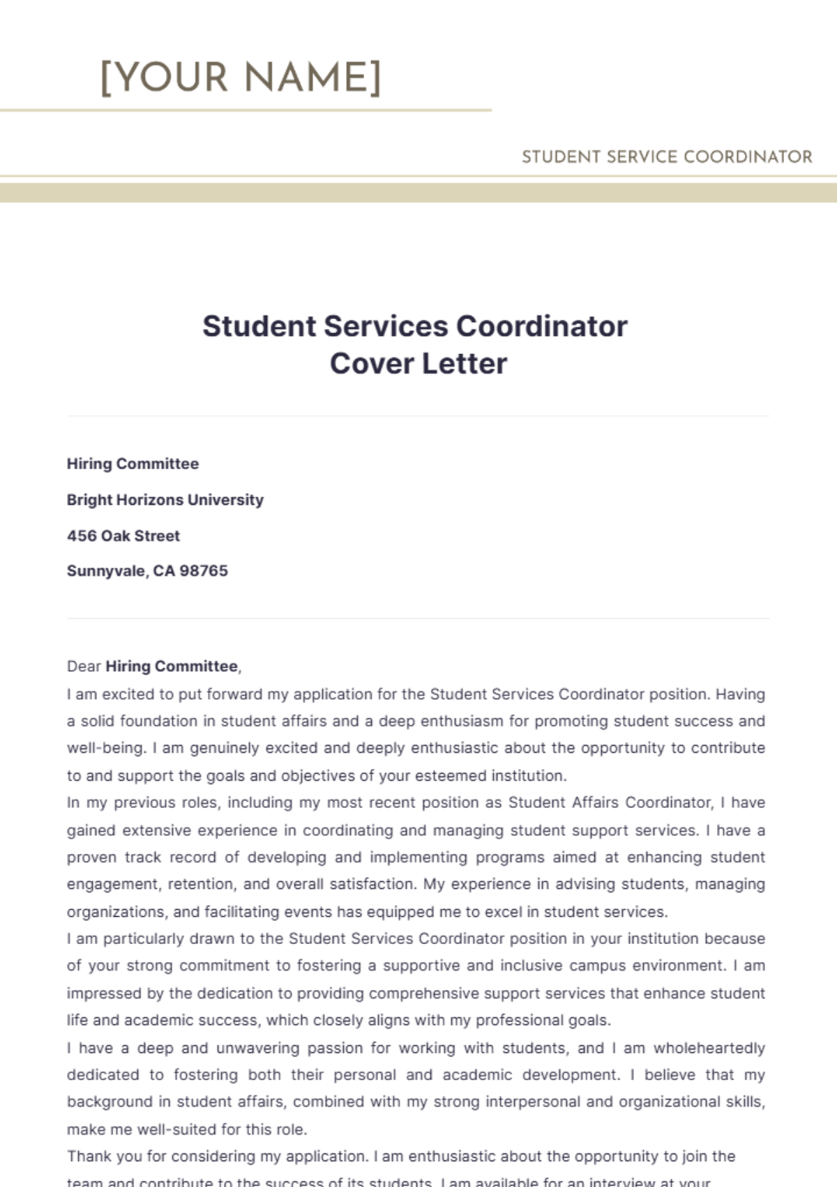 Student Services Coordinator Cover Letter