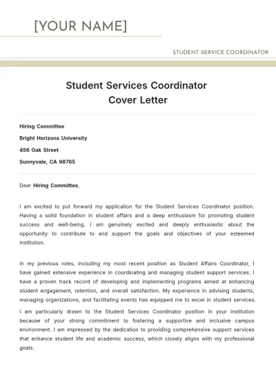 Free Student Services Coordinator Cover Letter to Edit Online