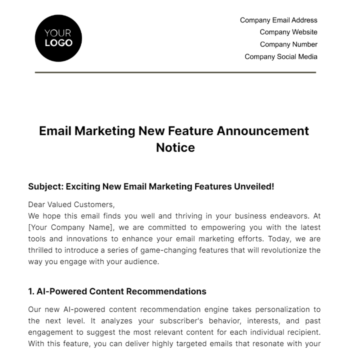 Free Email Marketing New Feature Announcement Notice Template