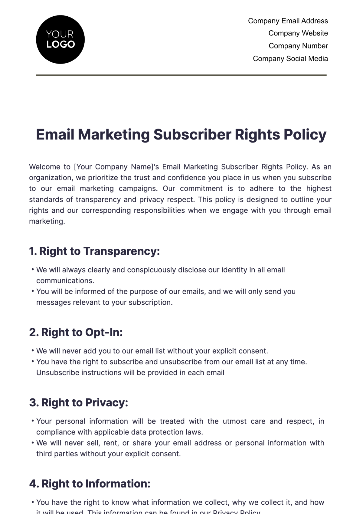 Email Marketing Subscriber Rights Policy Template