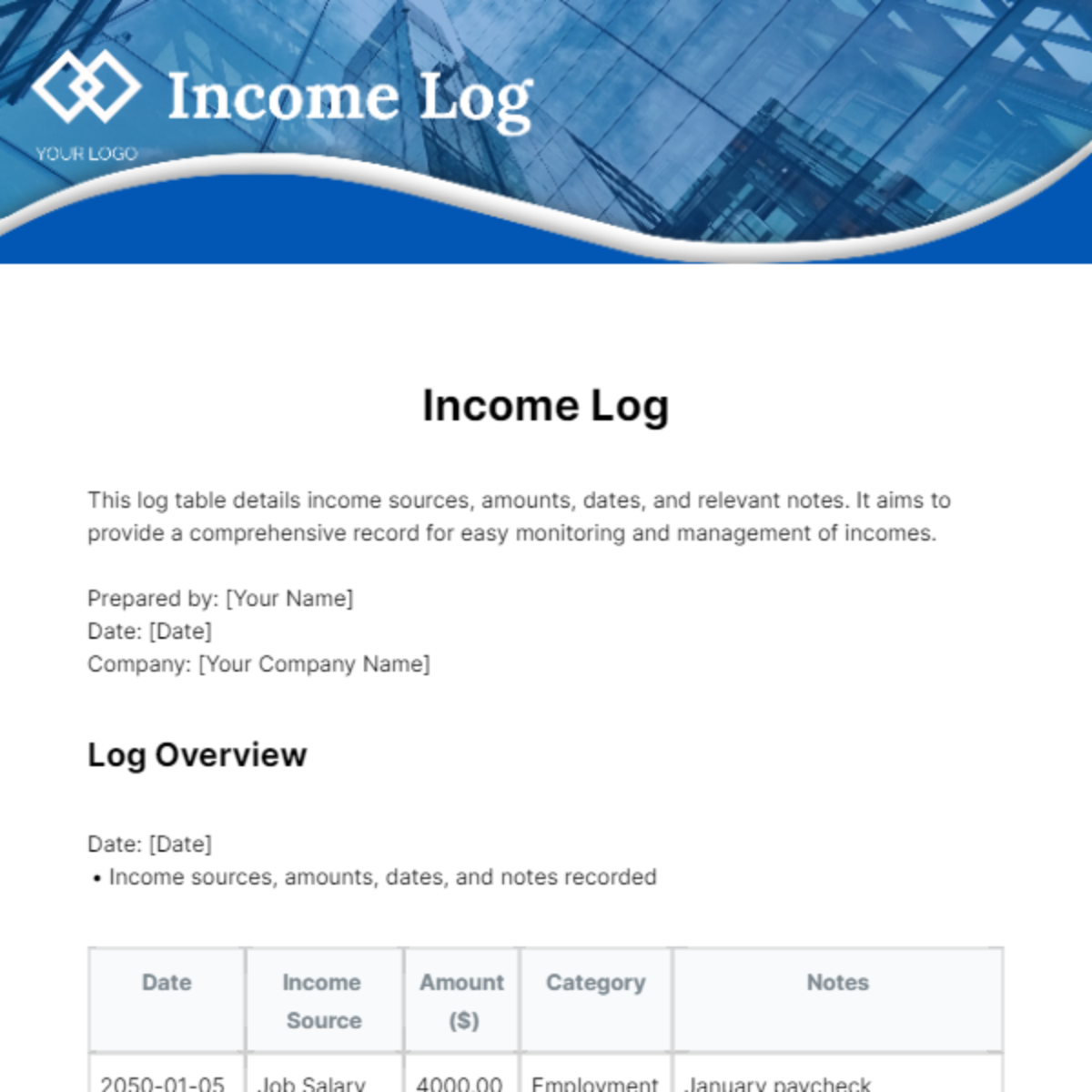 Income Log Template