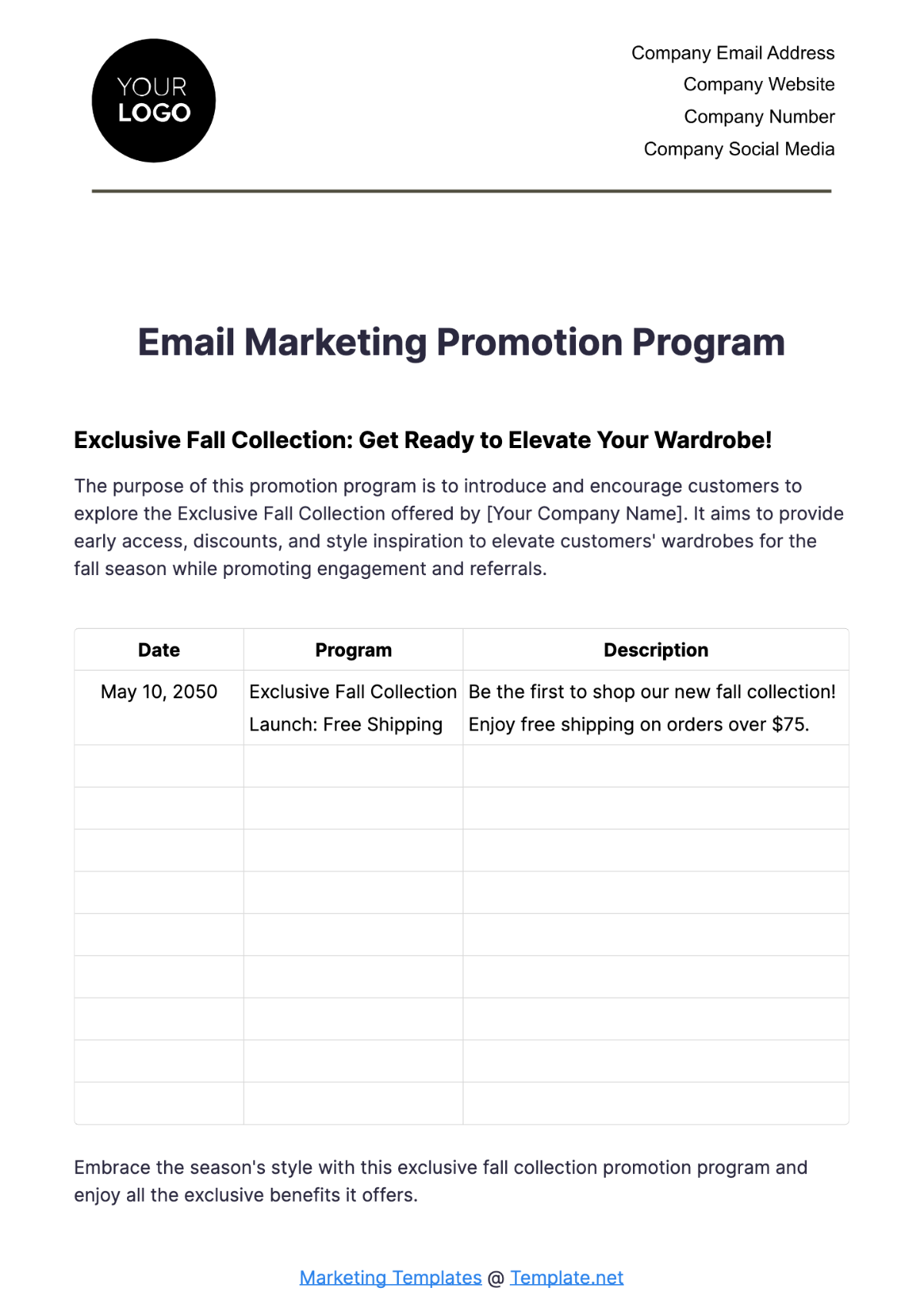 Free Email Marketing Promotion Program Template to Edit Online
