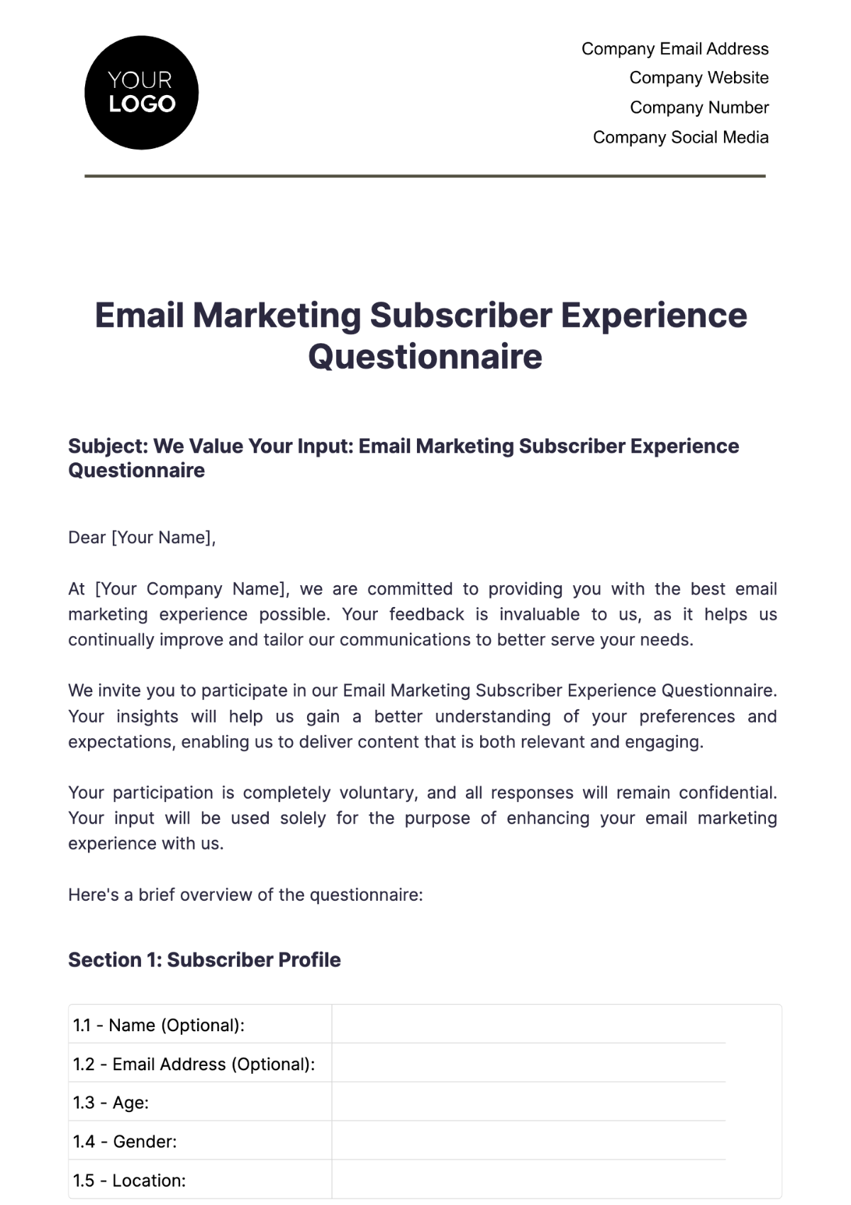 Email Marketing Subscriber Experience Questionnaire Template