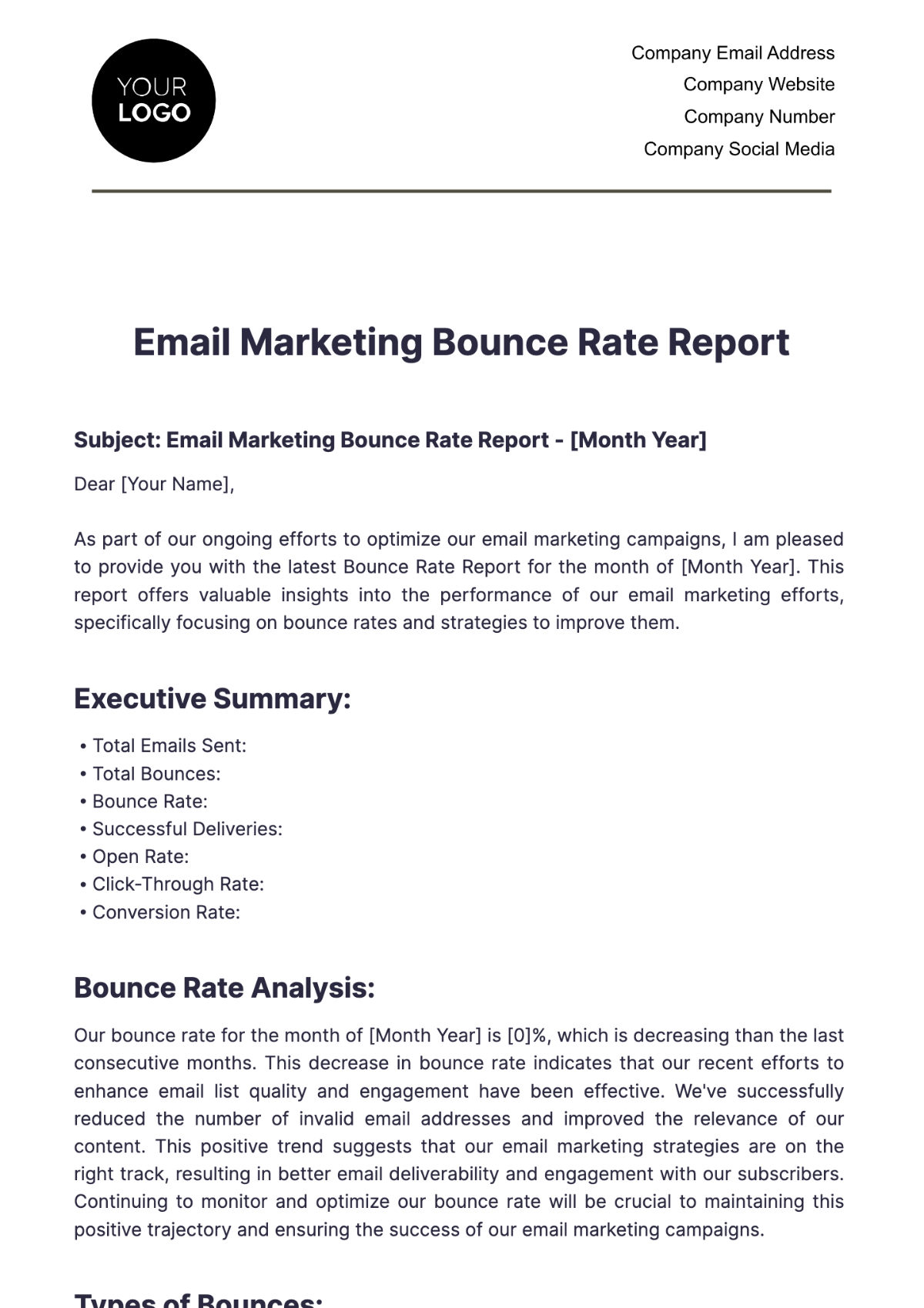 Email Marketing Bounce Rate Report Template - Edit Online & Download