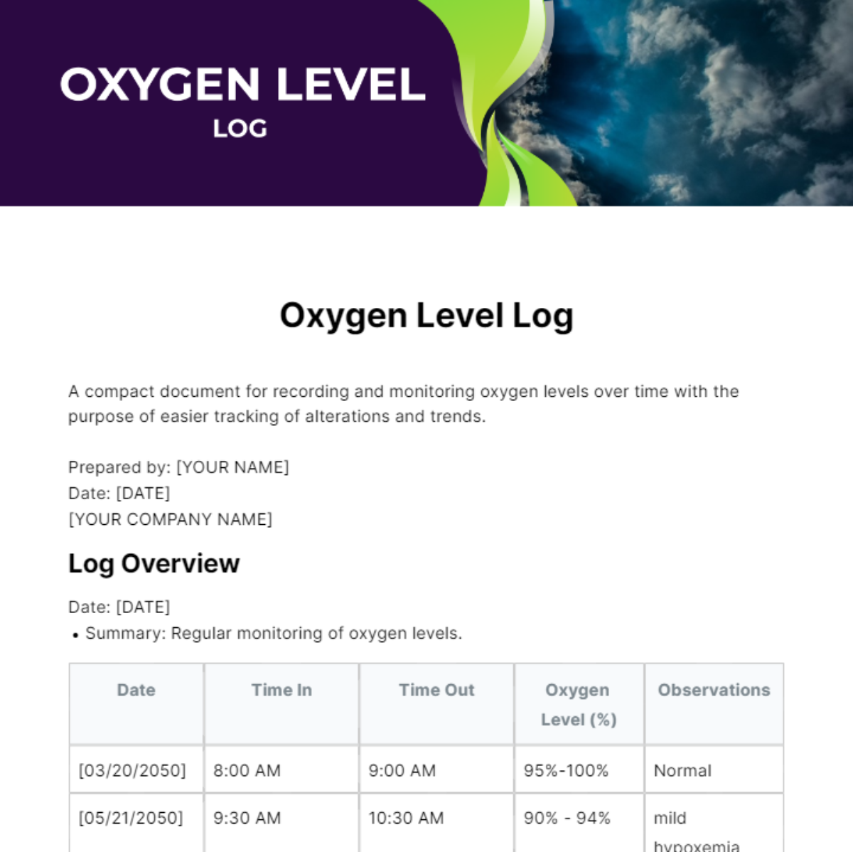 Oxygen Log Template