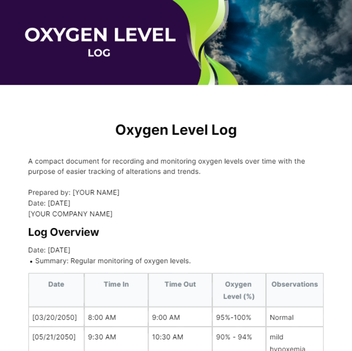 Oxygen Log Template - Edit Online & Download