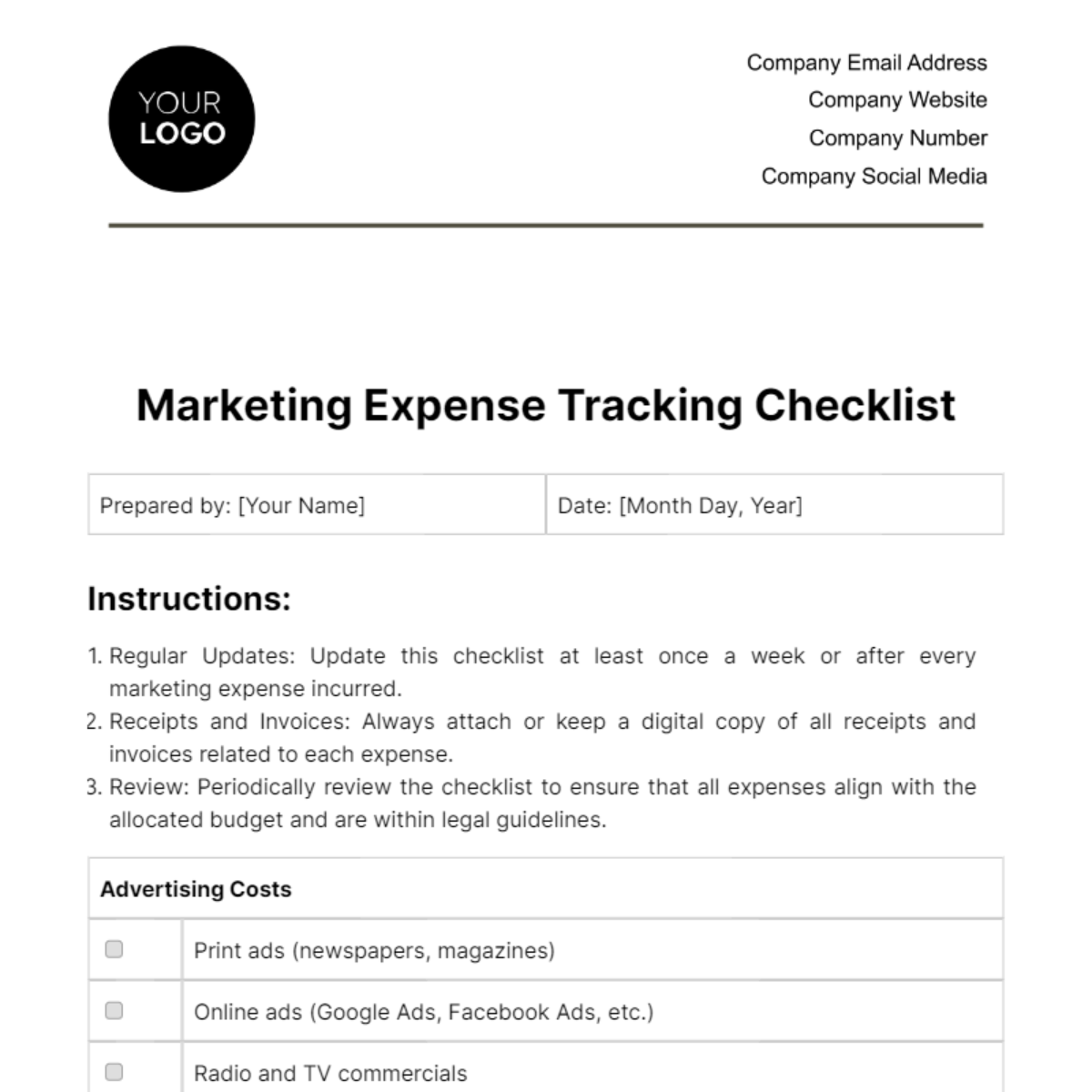 Free Marketing Expense Tracking Checklist Template