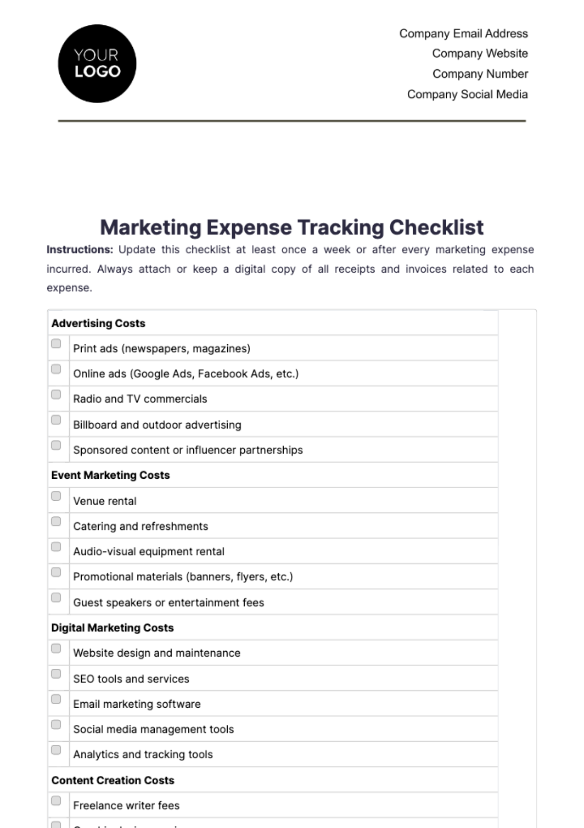 Marketing Expense Tracking Checklist Template - Edit Online & Download