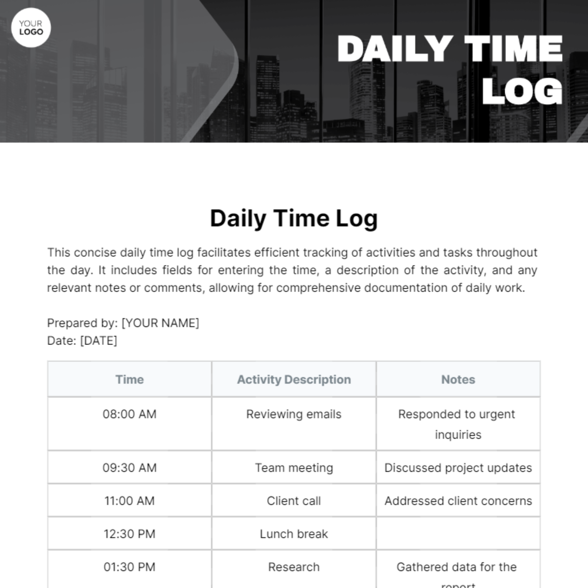 Daily Time Log Template