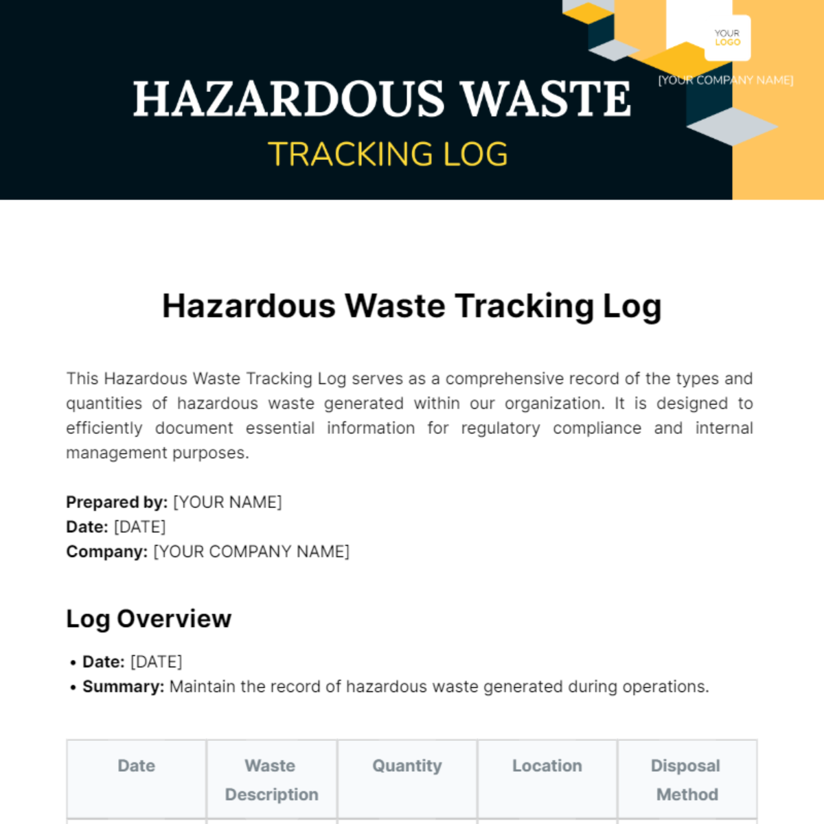 Hazardous Waste Tracking Log Template
