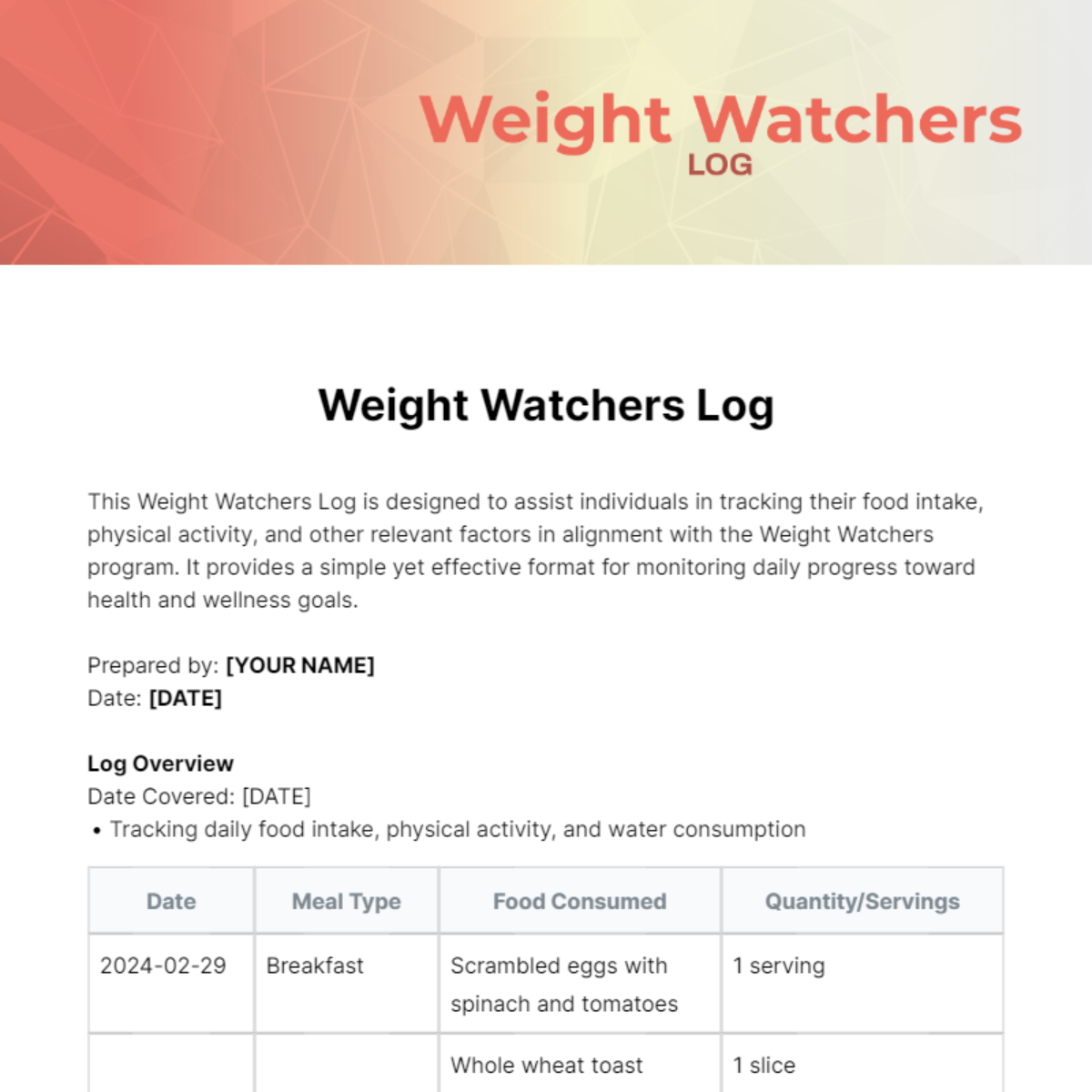 Weight Watchers Log Template