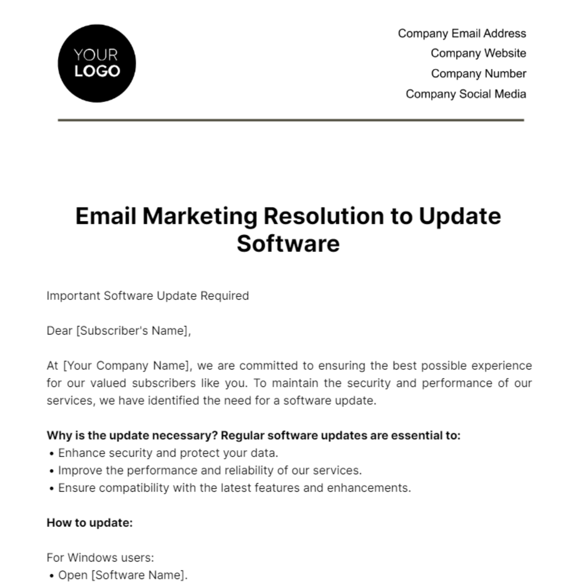 Email Marketing Resolution to Update Software Template