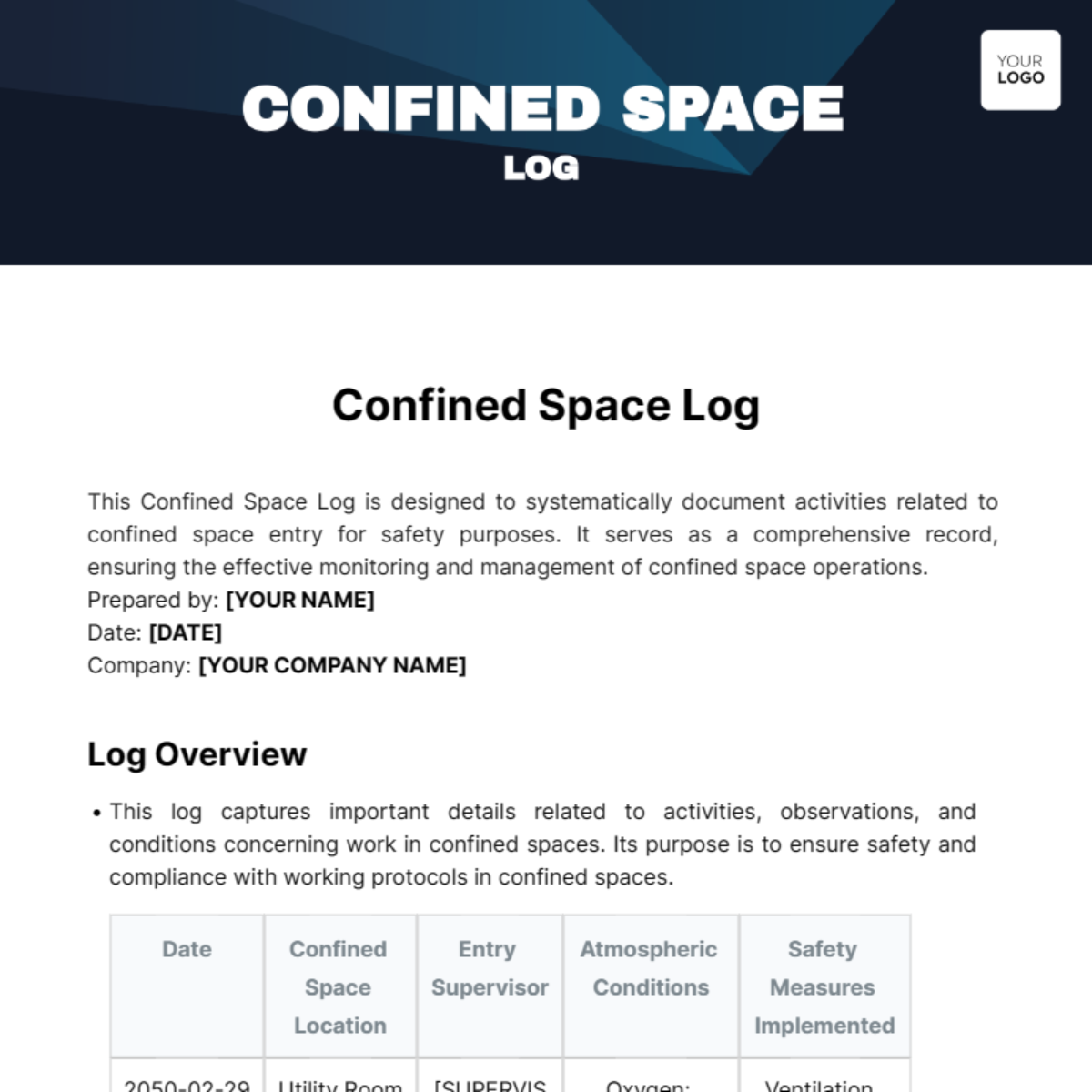 Confined Space Log Template