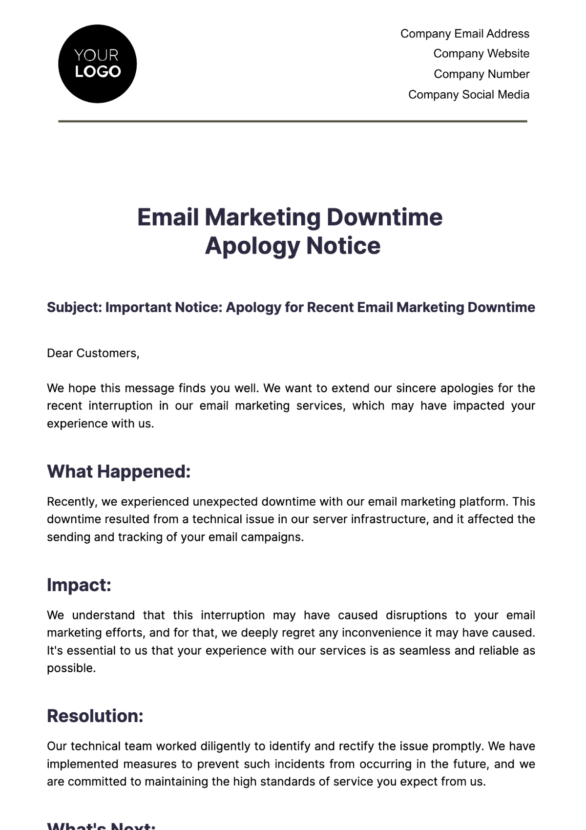 Email Marketing Downtime Apology Notice Template