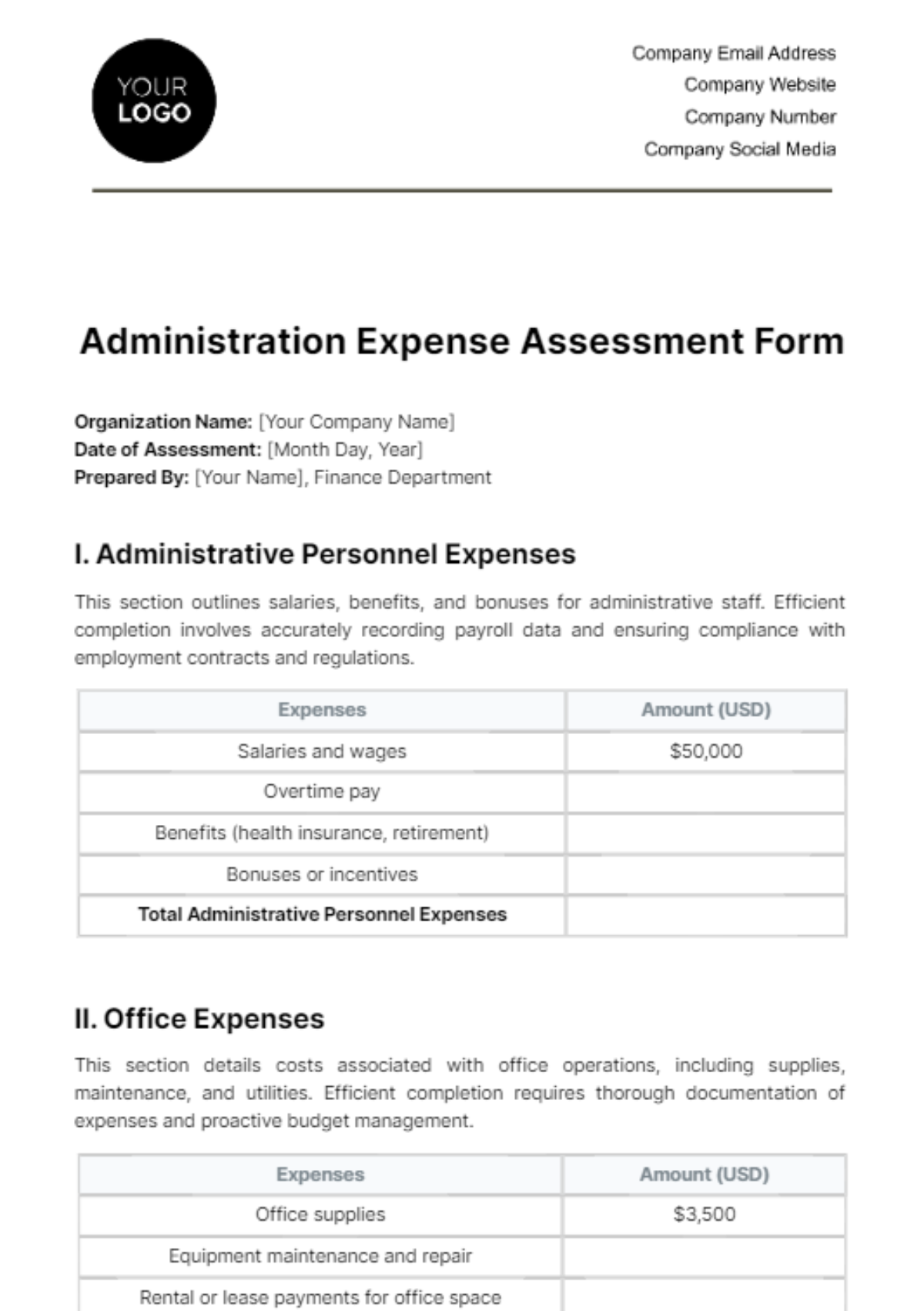 Administration Expense Assessment Form Template