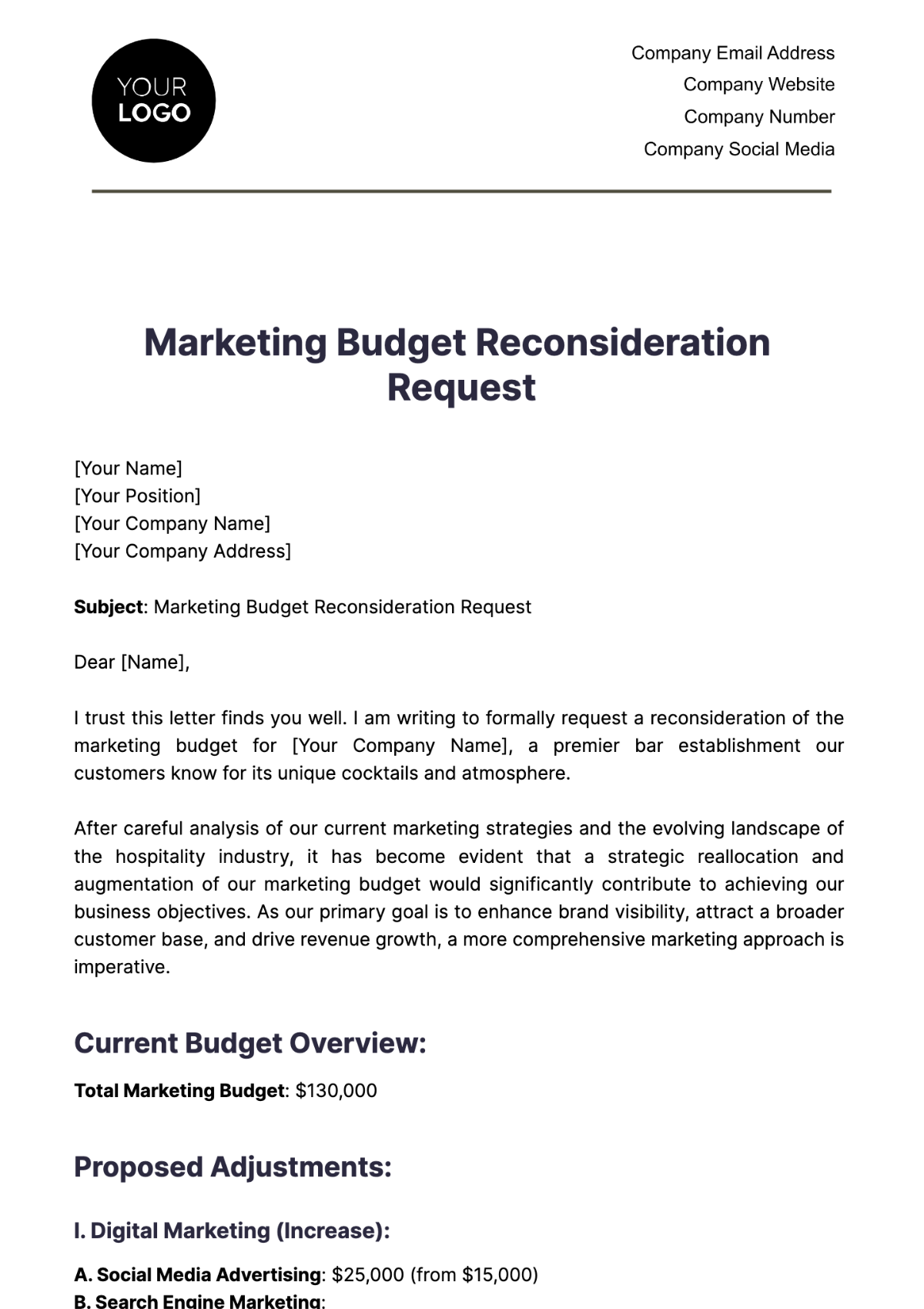 Marketing Budget Reconsideration Request Template - Edit Online & Download