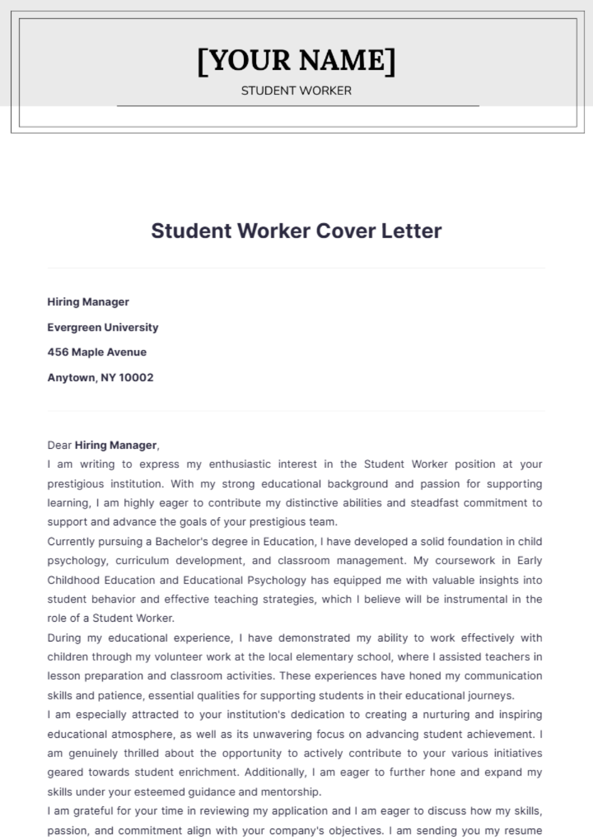 Student Worker Cover Letter - Edit Online & Download