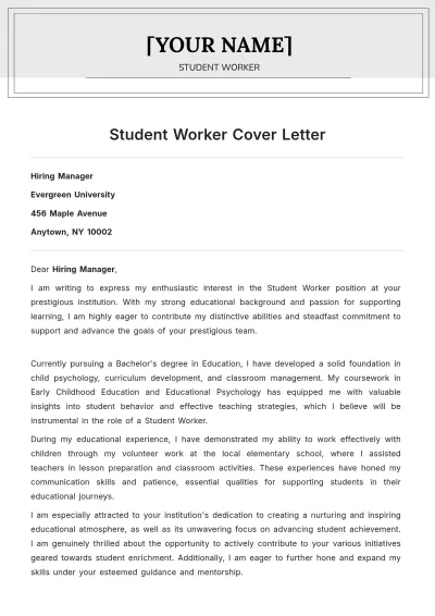 Free Student Worker Cover Letter to Edit Online