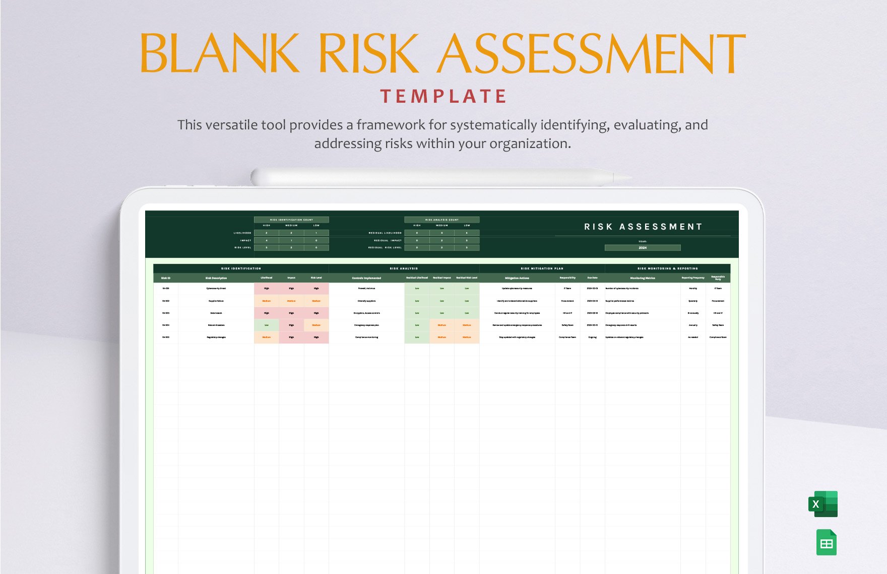 Blank Risk Assessment Template in Excel, Google Sheets