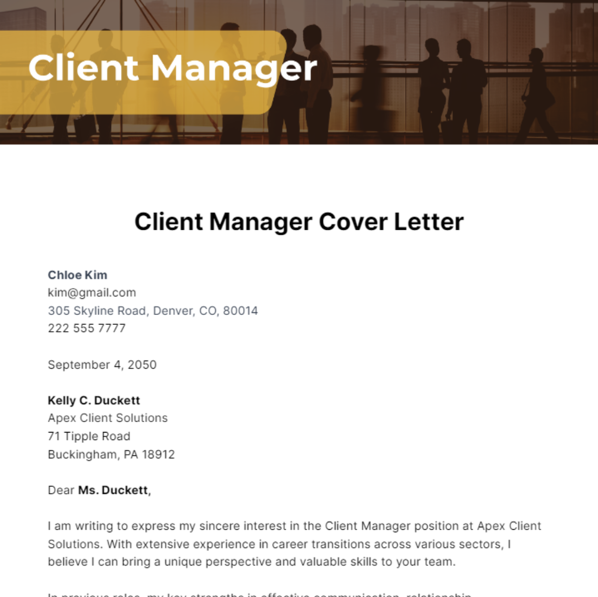 Client Manager Cover Letter Template