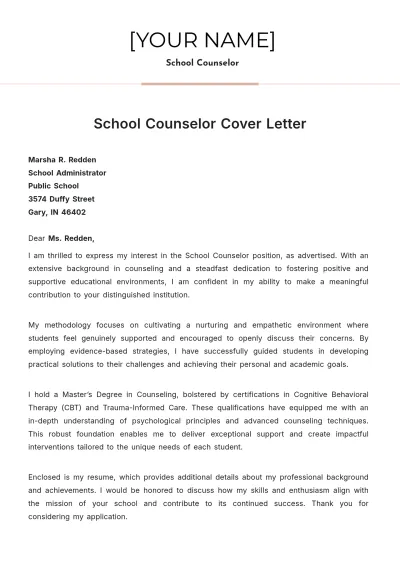 Free School Counselor Cover Letter to Edit Online