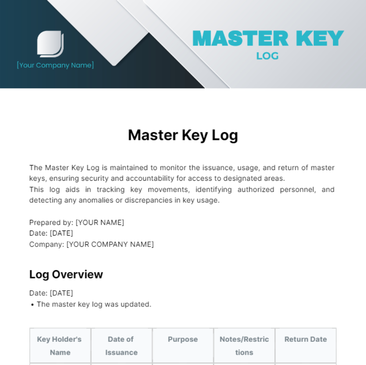 Master Key Log Template