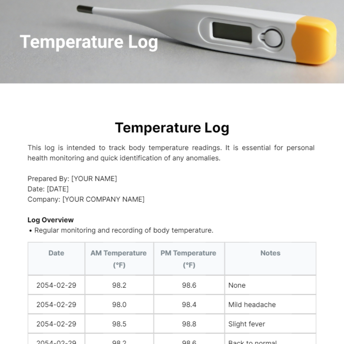 Temperature Log Template
