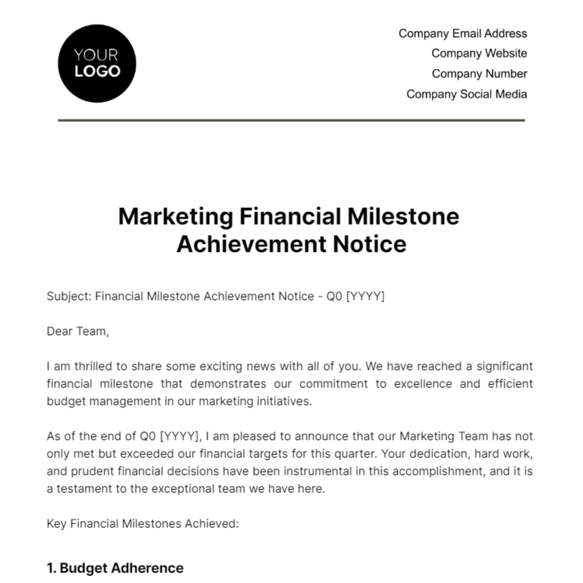 Marketing Financial Milestone Achievement Notice Template