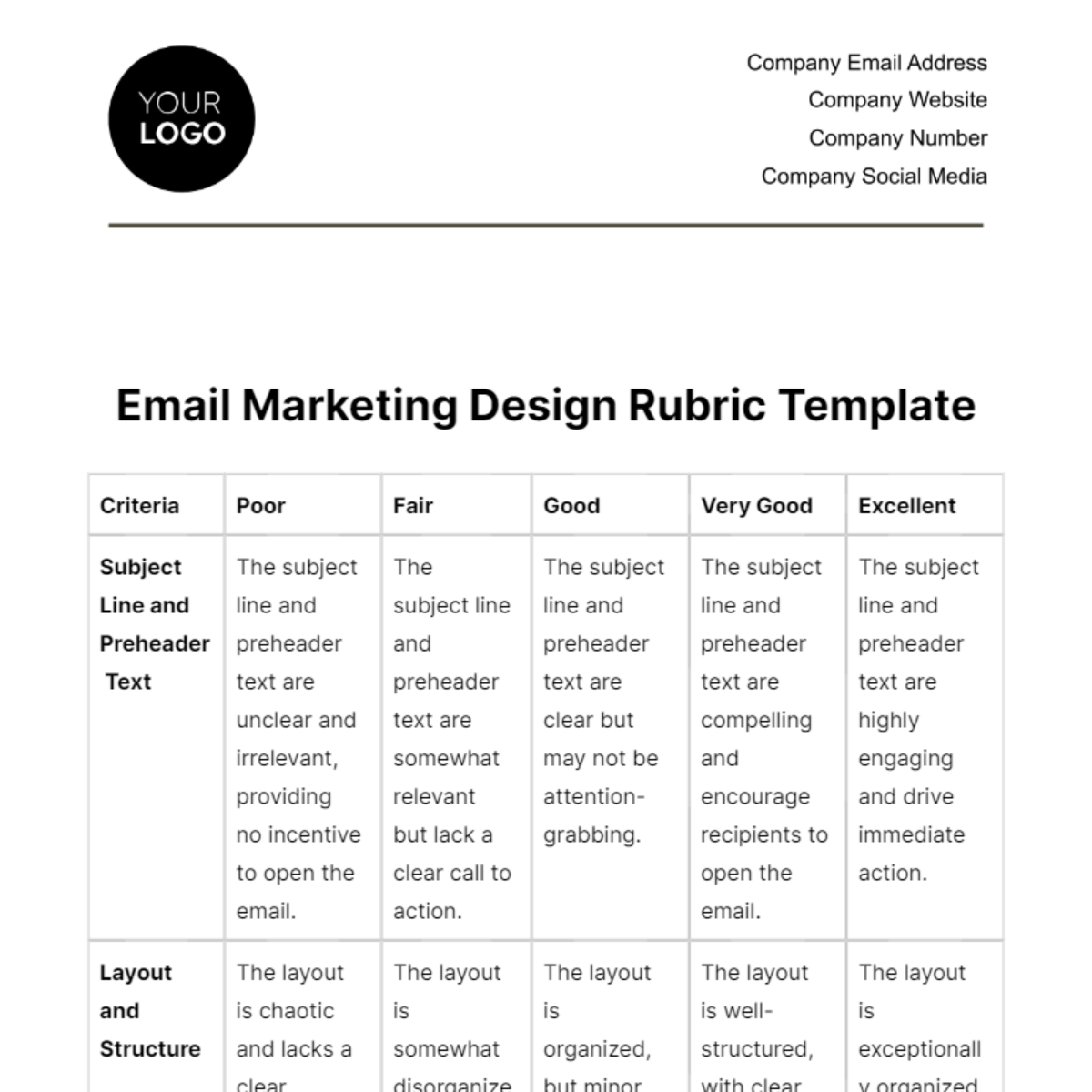 Free Email Marketing Design Rubric Template