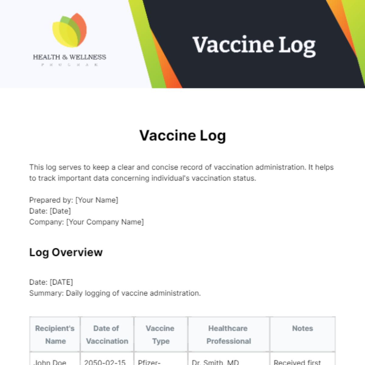 Vaccine Log Template