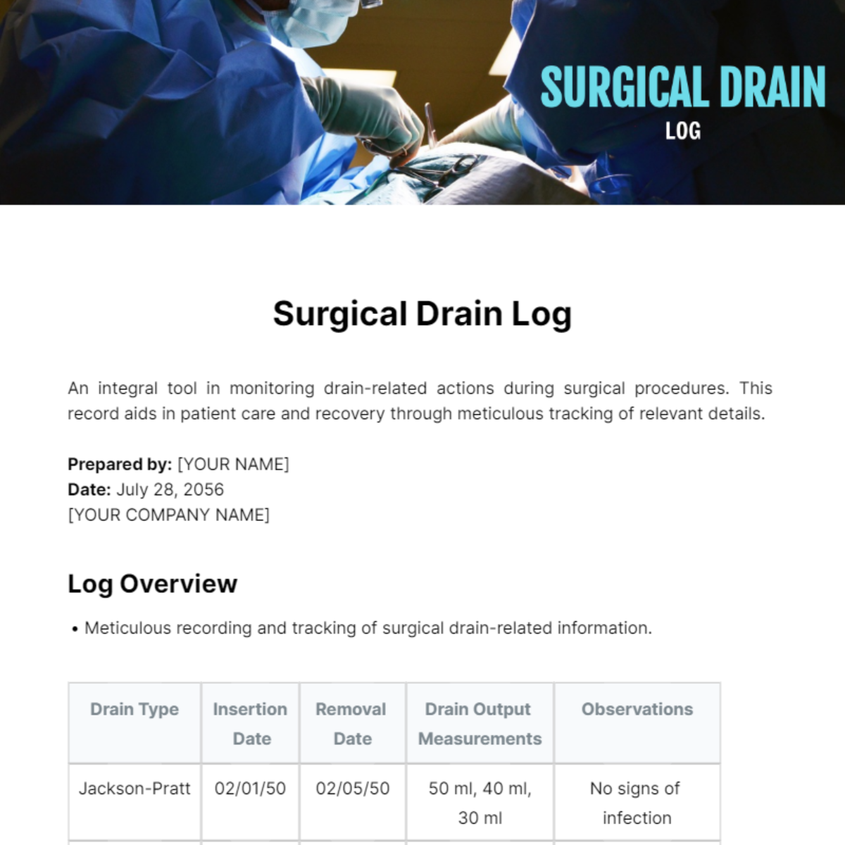 Surgical Drain Log Template