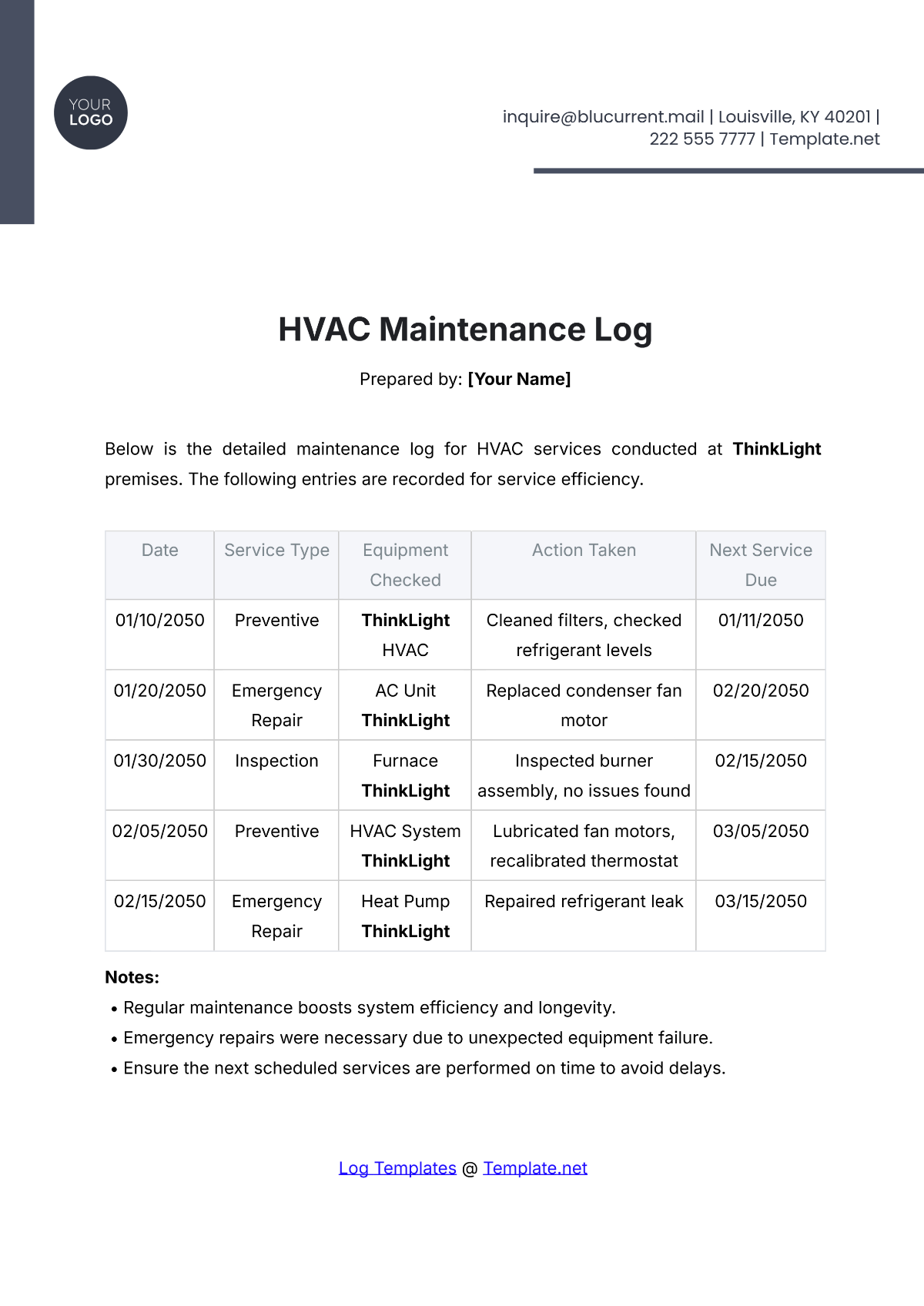 HVAC Maintenance Log Template - Edit Online & Download