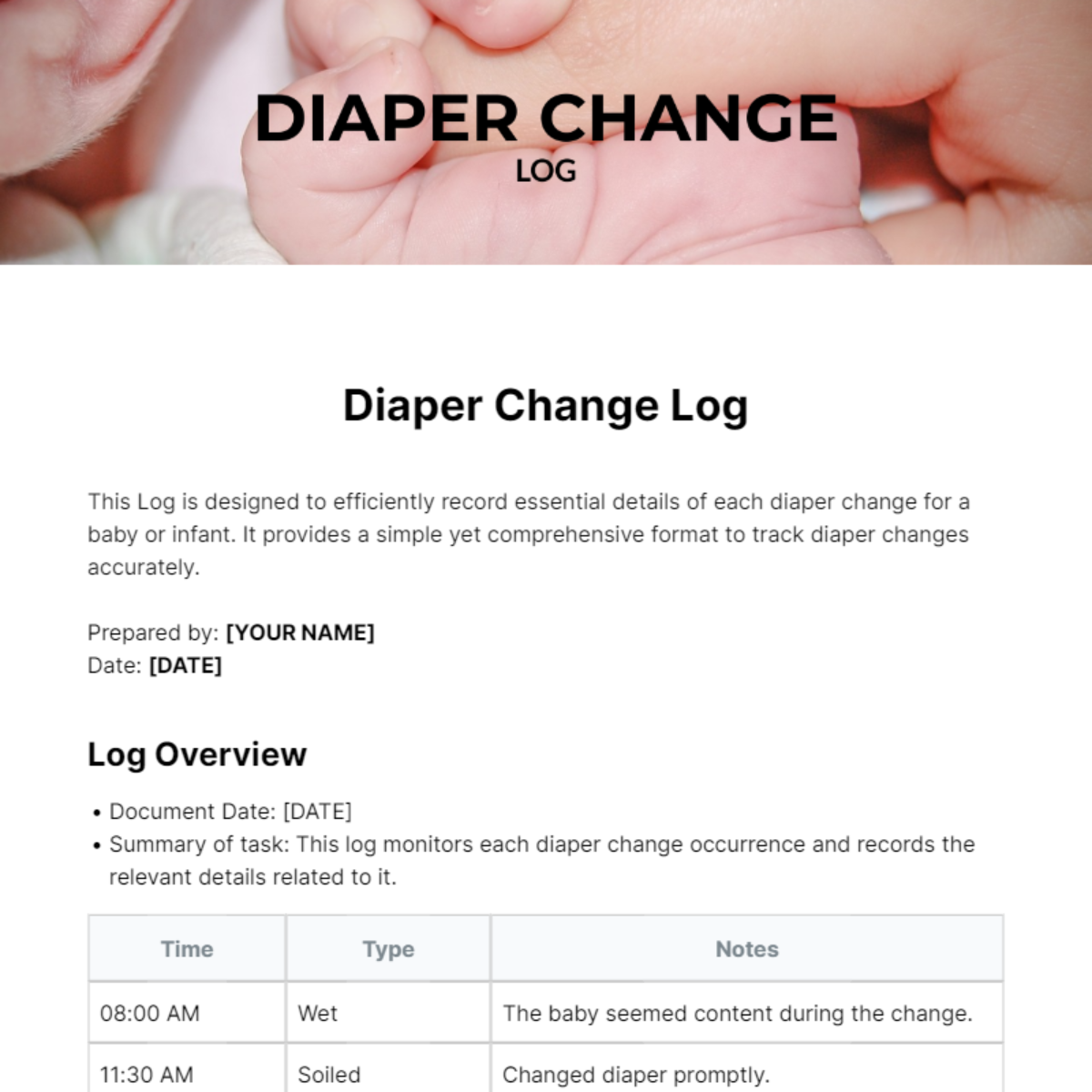 Diaper Change Log Template