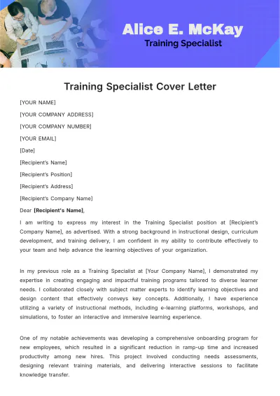 Free Training Specialist Cover Letter Template to Edit Online
