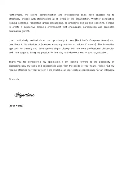 Free Training Specialist Cover Letter Template to Edit Online