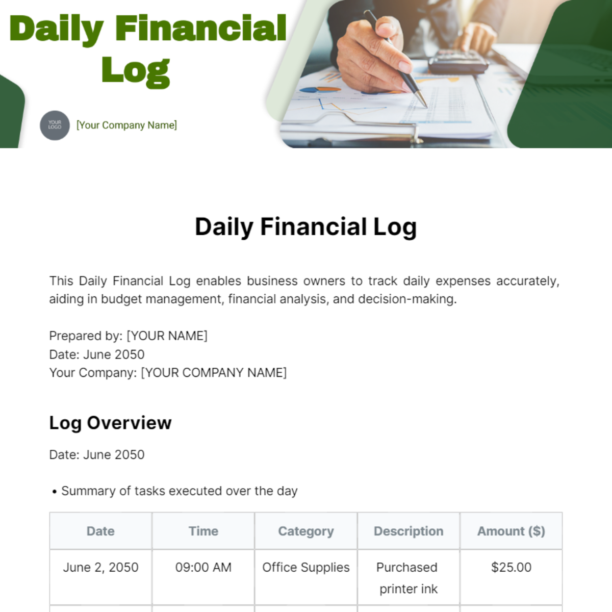Daily Financial Log Template
