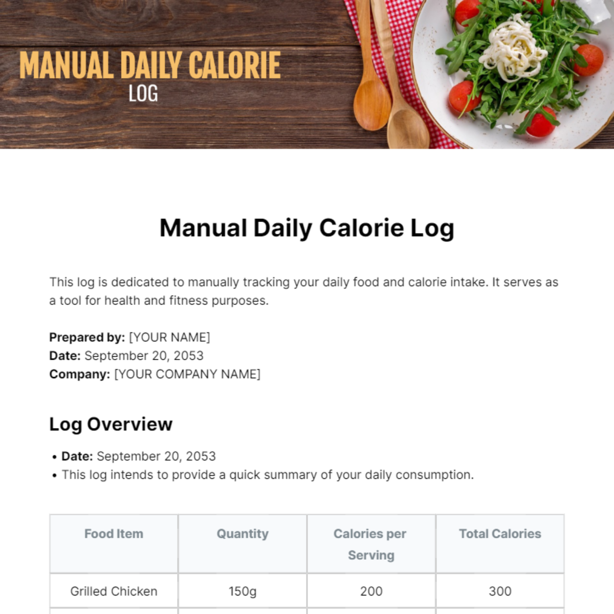 Manual Daily Calorie Log Template