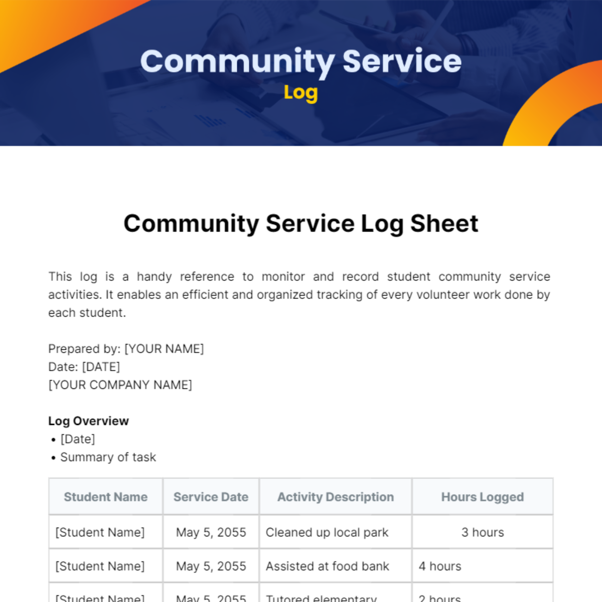 Community Service Log Template