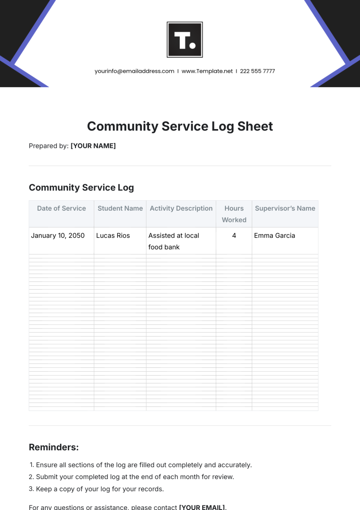 Community Service Log Template - Edit Online & Download