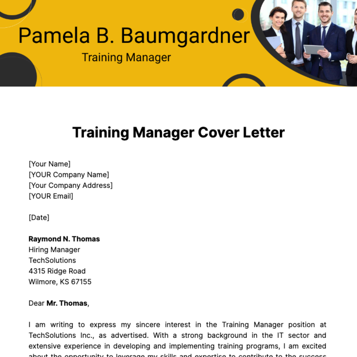 Training Manager Cover Letter Template