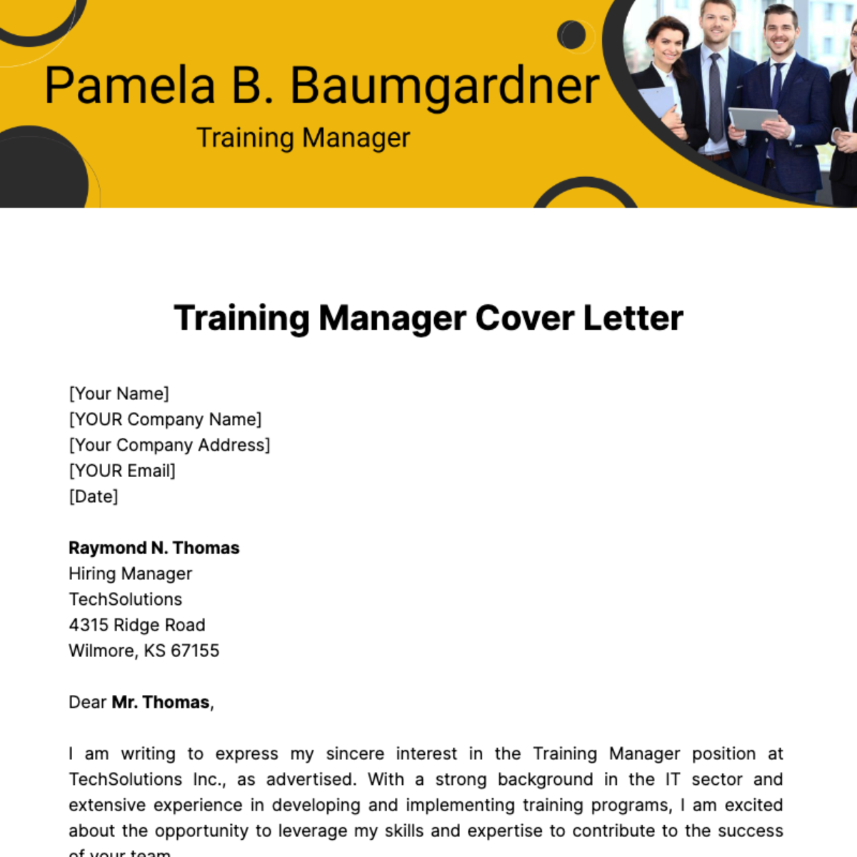 Training Manager Cover Letter Template
