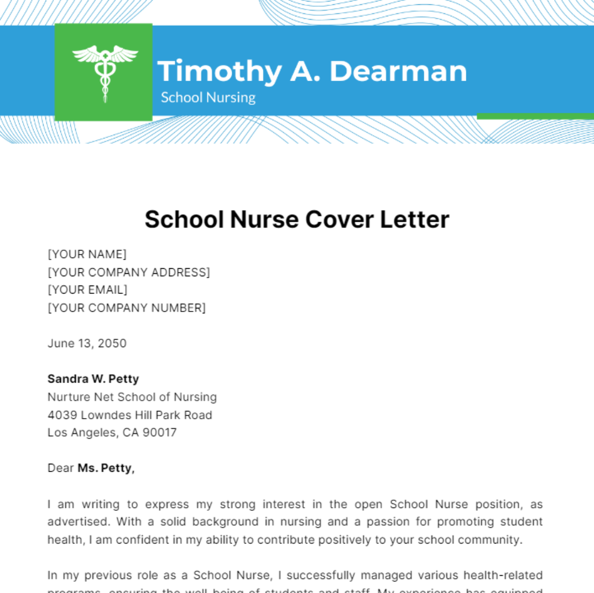 School Nurse Cover Letter Template